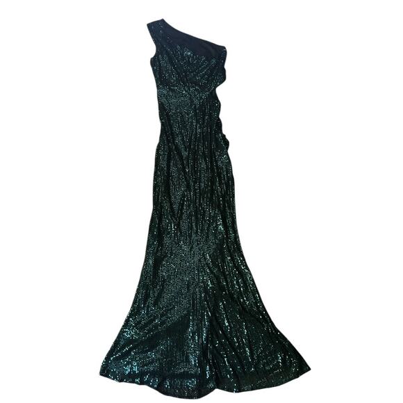 NWT Love & Lemonade One Shoulder Thigh Slit Side Cutout Green Sequin Dress M - Picture 5 of 8